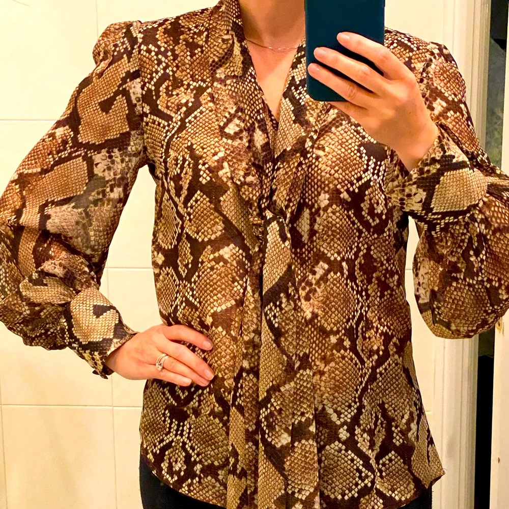 Sheer snake print Altuzarra for Target blouse with long neck tie, size XS